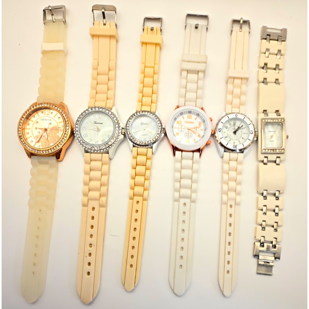 Lot of 6 Geneva Women's Quartz Watches, Silicone Band, Rhinestones.New Batteries